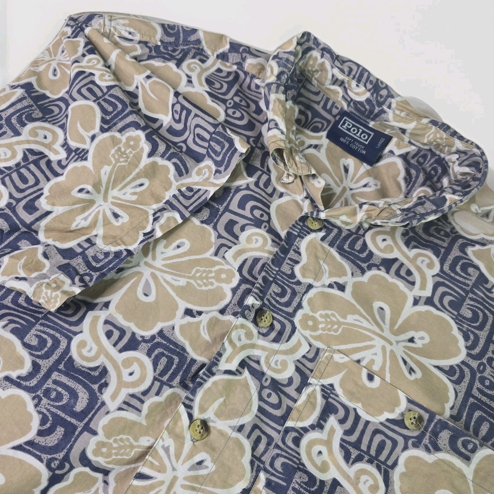 Vintage Polo Ralph Lauren Men's‎ Large Hawaiian Button Down Shirt Floral Blue